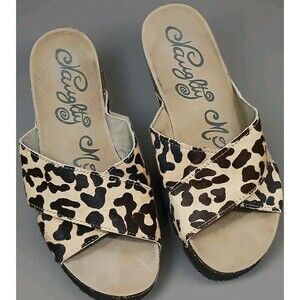 Naughty Monkey Women’s 8.5 Leopard Pony Hair Platform Slip-On Sandals Boho Chic